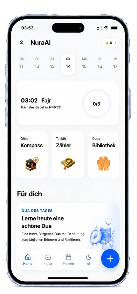 NuraAI home screen with today's prayer schedule and daily tools
