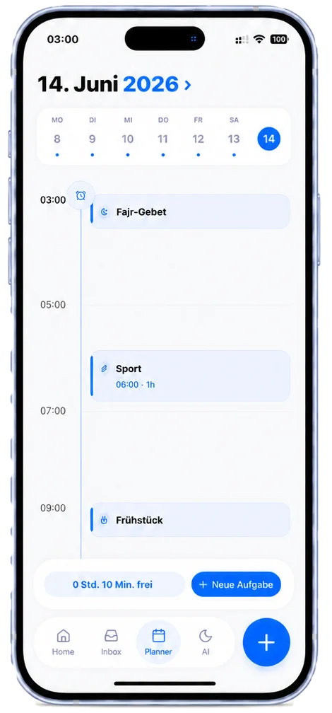 NuraAI planner with tasks and prayer times in a daily timeline